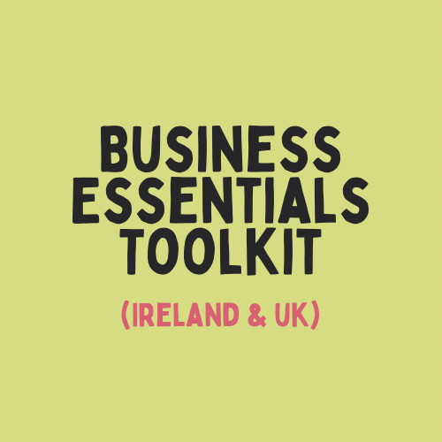 Text 'BUSINESS ESSENTIALS TOOLKIT (IRELAND & UK)' on a green background